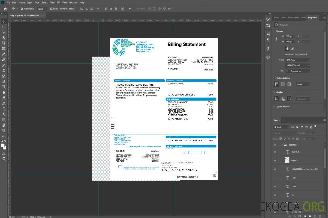États-Unis, Washington Clark Regional Wastewater District, facture de services publics, modèle Word et PDF template